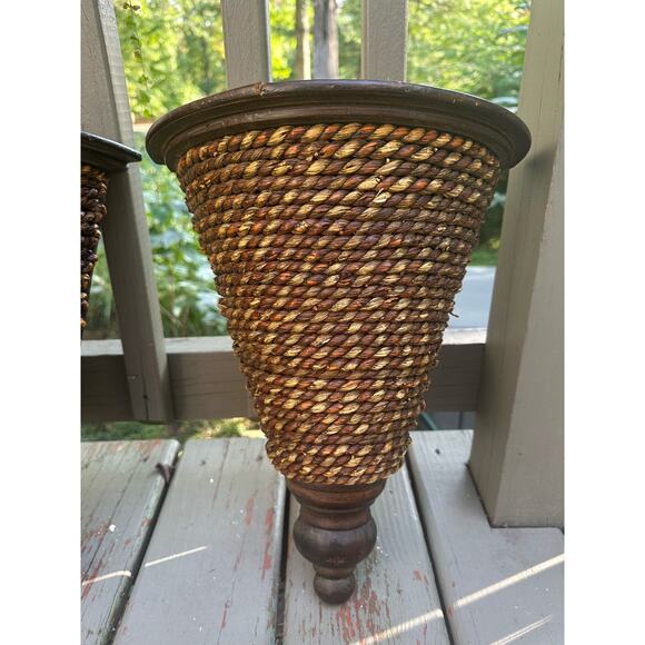 Set of 2 wicker wall shelves sconces plant holders display jute wood pair hang - Picture 12 of 16